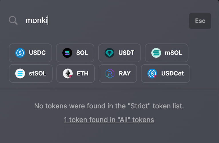 Token search via symbol on strict list